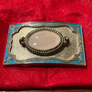 Vintage Decorative Belt Buckle with Rose stone and Turquoise Enamel